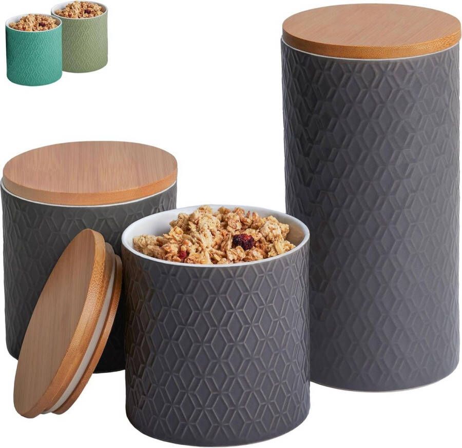 Keramische Voorraadpotten Bamboe Deksel Luchtdicht Vaatwasmachinebestendig Grijs Koffie Suiker Muesli Zoutpot