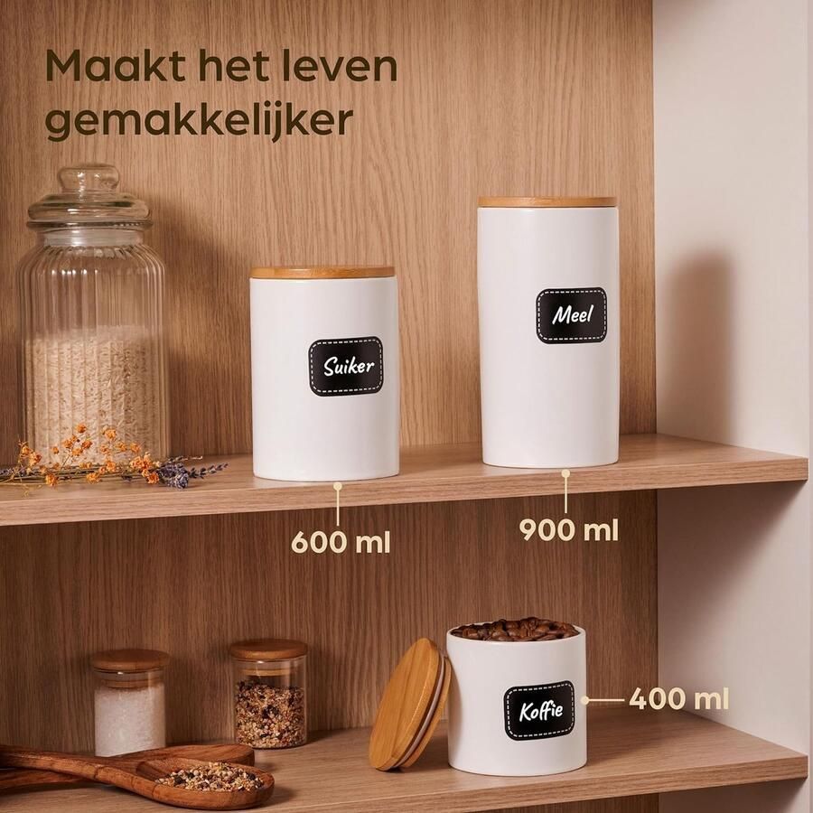 Keramische Voorraadpotten met Deksel Set van 3 Witte Luchtdicht incl. Etiket & Pen voor Etikettering vaatwasmachinebestendig