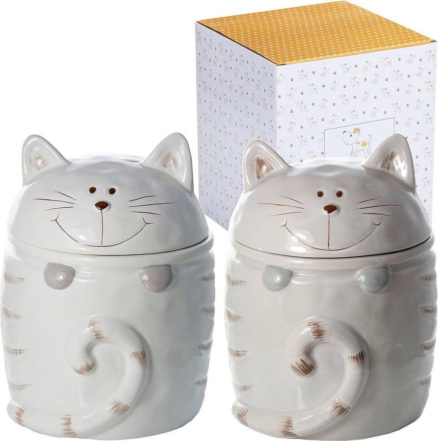 Keramische Voorraadpotten Set van 2 Leuke Keukenaccessoires voor Kattenliefhebbers Grijs en Wit 500ml