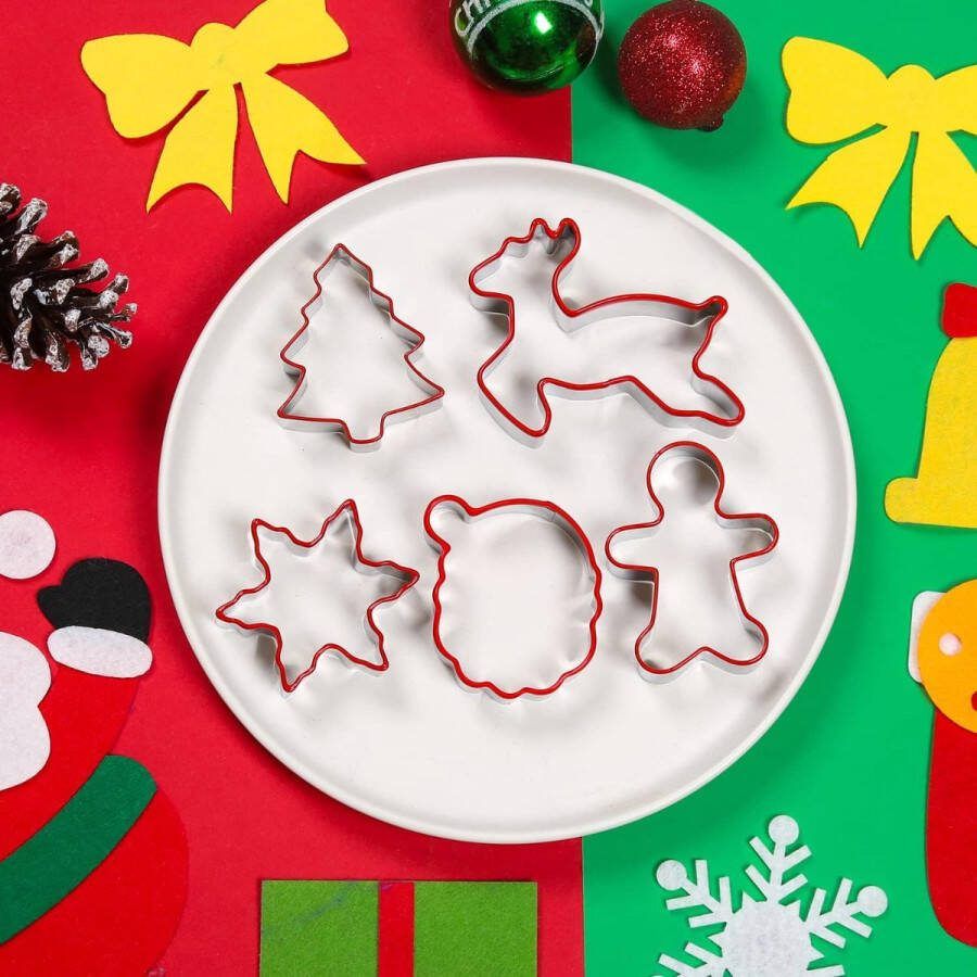 Kerst Cookie Cutters Set 5 Stuks Roestvrij Staal Kerst Cookie Cutters Vormen Peperkoek Man Sneeuwvlok Kerstman Rendier en Boom Biscuit Cutters Met Rode PVC Rand