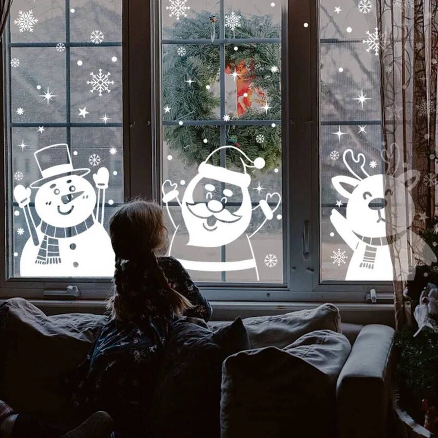 Kerst Drieluik Raamstickers 1 set van 3 stuks Kerstman Sneeuwpop Eland Raam Stickers Sneeuwvlokjes Elektrostatische Muursticker Kerstversiering Nieuwjaar 2024
