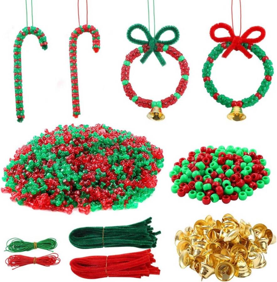 Kerst kralen 1000x stuks kerst tri kralen kunststof 200 stuks ronde kralen 50 stuks Chenille stengels pijpreinigers 50 stuks gouden klokken en 10M groene rode string voor kerstvakantie ornamenten boom decoraties partij benodigdheden