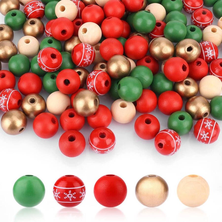 Kerst Kralen 200x stuks -Houten Kralen voor Ambachten 16 mm Gekleurde Houten Kralen met 10 m Henneptouw Christmas Wooden Beads Kerst Kralen voor Ambachten Ornamenten Kerst Slinger