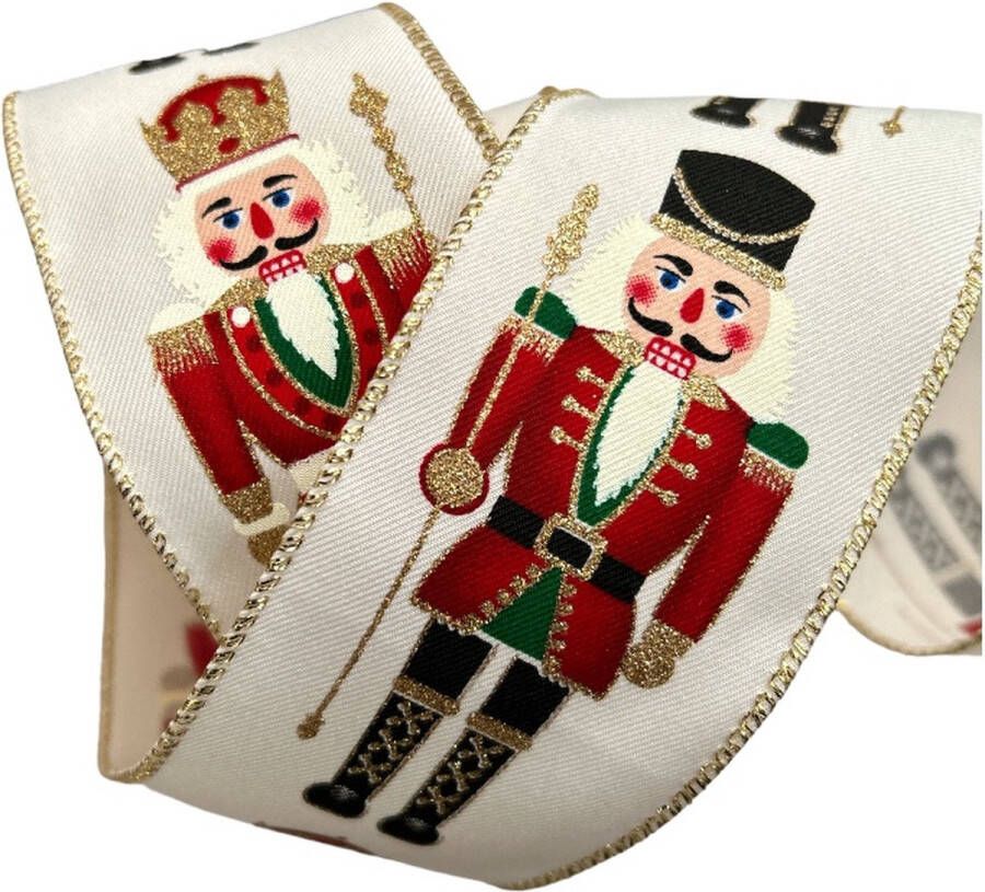 Kerst Lint met IJzerdraad Linnen Look Lint Luxe Weefband 63mm (6 3cm) Notenkraker Kerst Crème Rood Zwart Goud Glans Glitter Linnen Band Decoratielint Stoffen Lint Cadeaulint Lengte: 3 Meter