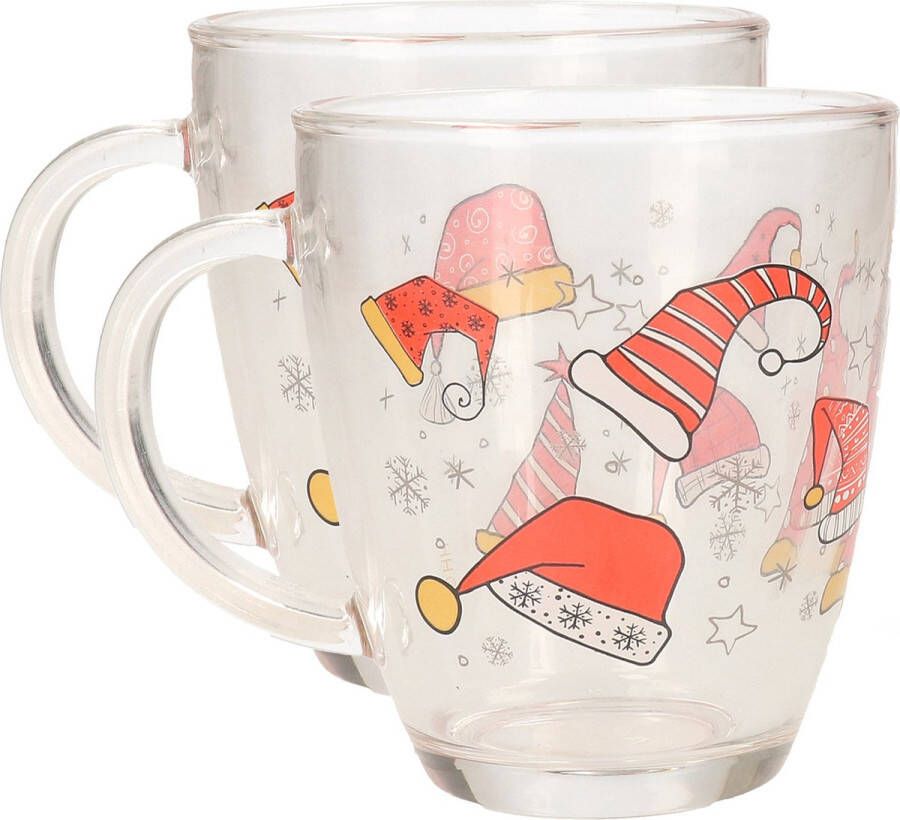 Merkloos Kerst mok beker van glas 2x stuks 300 ml met kerstman kleding Bekers