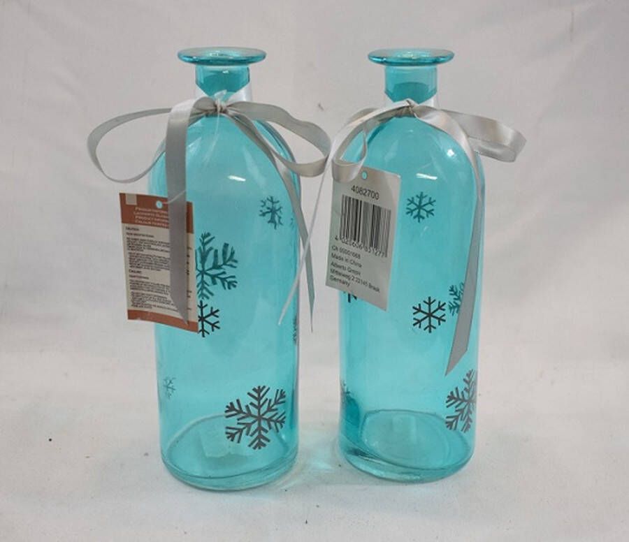 ZoeZo Design Kerst vaas fles kaarsenhouder lichtblauw glas 2 stuks H 21 x Ø 7 cm ster kerstfles kerstvaas