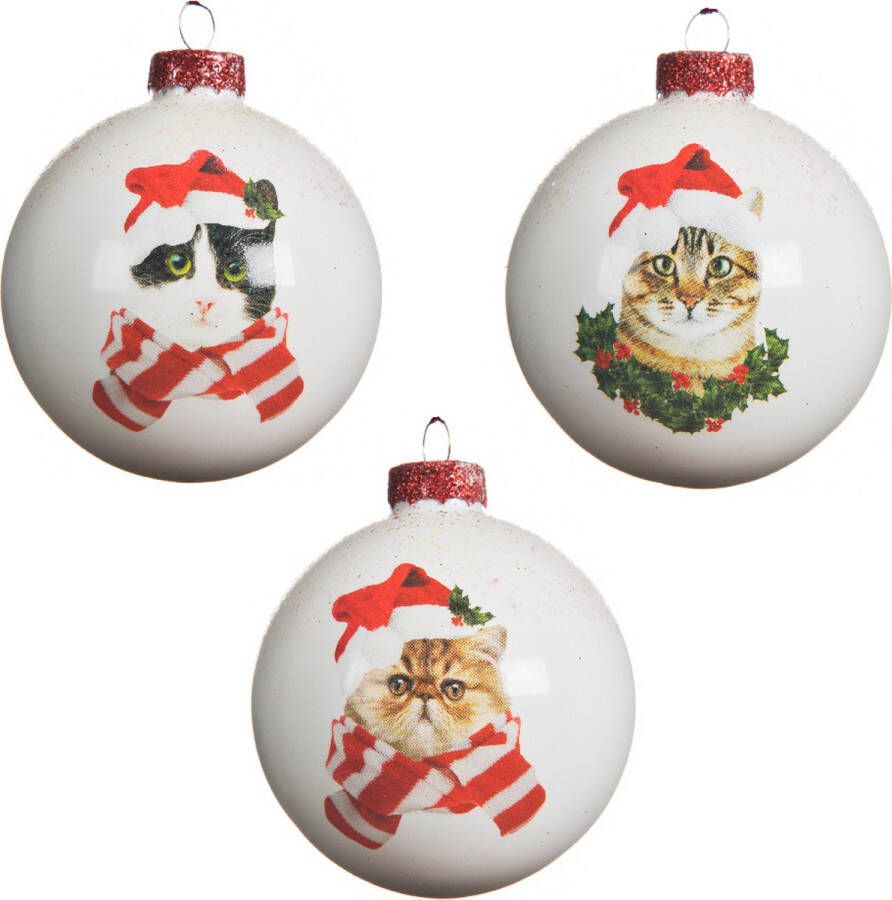 Decoris Kerstbal Glas Kat Hoed D8 Cm Wit A3