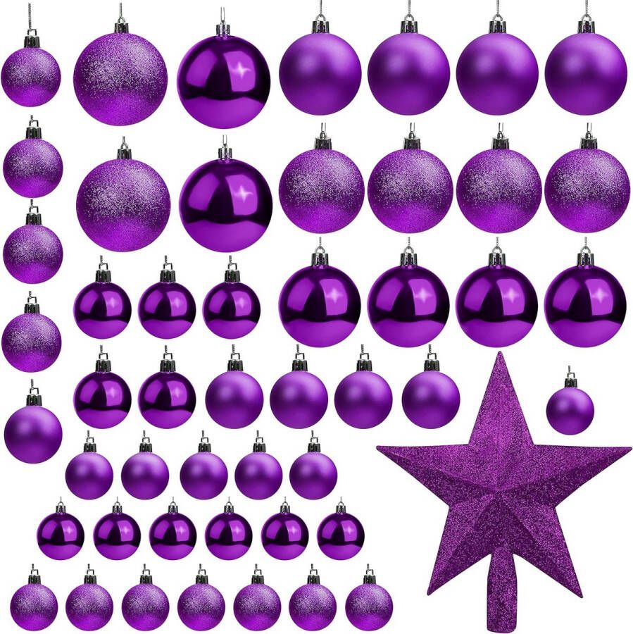 Kerstballen (50 stuks) Verschillende grootte glitter paarse kerstballen met ster boom top kerstboom bal opknoping ornamenten voor kerstversiering vakantie feest binnen buiten decoraties