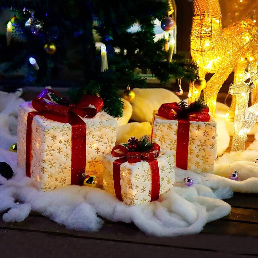 Kerstdecoratie 3 stuks geschenkdoosjes kerstboxen met LED verlichting