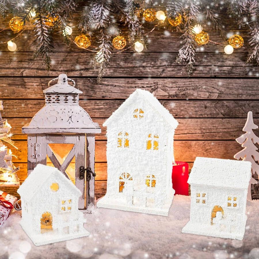 Kerstdorp met verlichting 3 stuks kerstdorp houten huisjes kerstdecoratie met verlichting hout verlicht huis inclusief batterijen kerstdecoratie winterdecoratie Kerstmis