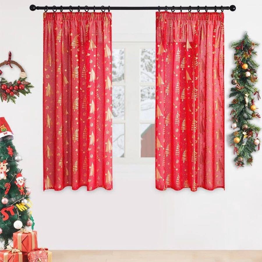 Kerstgordijnen met plooiband korte gordijnen plooiband transparant set van 2 225 x 140 cm kerstdecoratie voor woonkamer slaapkamer