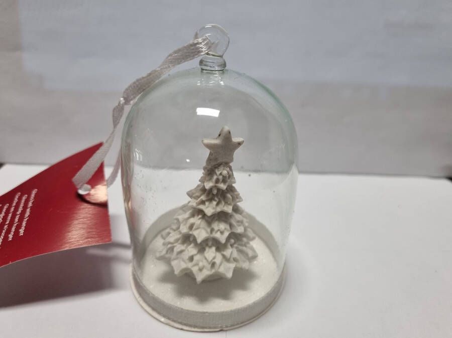 Kersthanger stolp met kerstboom wit glas 8 cm