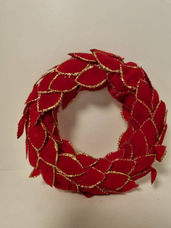Kerstkrans krans rood met goud kunststof met stof 20 cm doorsnee