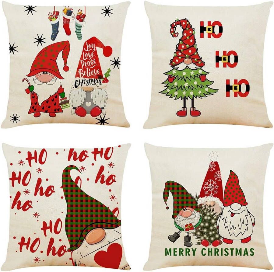 Zhs Kerstkussenhoezen set van 4 decoratieve kussenhoezen voor kerst met boerderijthema schattige kerstgnomen kussenhoezen voor bank woonkamer 50 x 50 cm