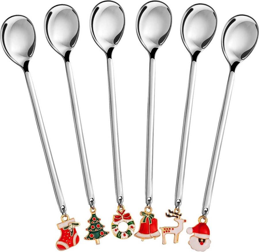 Kerstlepels 6x stuks roestvrijstalen lepels kookset met kersthanger koffieroerlepel theelepel dessertlepel met geschenkdoos (zilver)