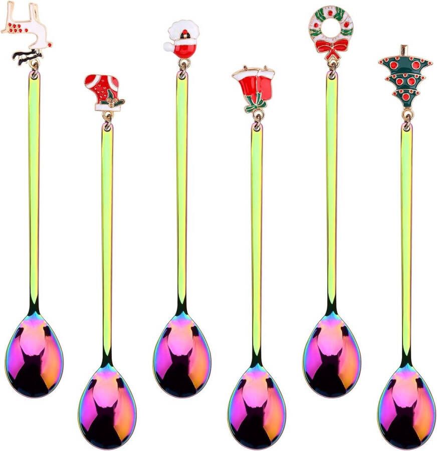 Kerstlepels Pack van 6x stuks Koffielepels Xmas roestvrij staal dessert theelepels met kerst hangers kerstboom elanden hoed klokken voor thee soep dessert geschenkdoos verpakking mixed