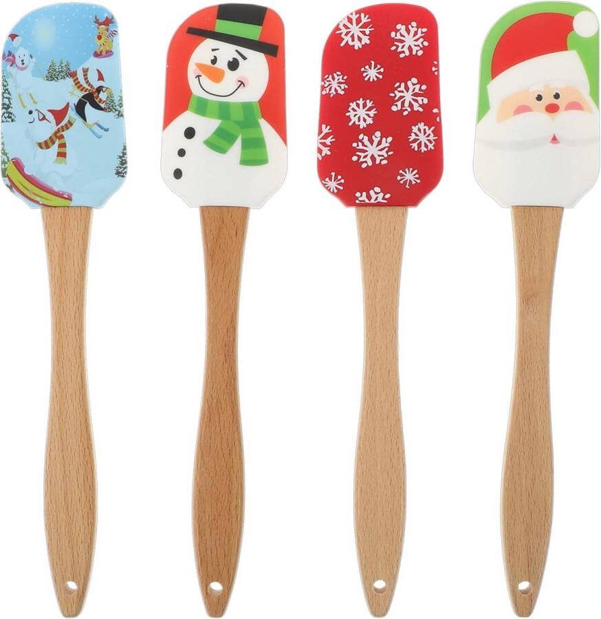 Kerstmis thema siliconen spatel deegschraper houten handvat hittebestendig anti-aanbaklaag spatel taartcrème boter mengschraper bakken koken roeren 4 stuks