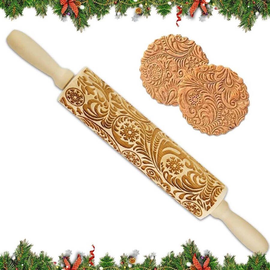 Kerstmotief houten deegroller Sneeuwvlok 3D-gravure DIY Kerstmis reliëf deegroller Huisgemaakt bakken