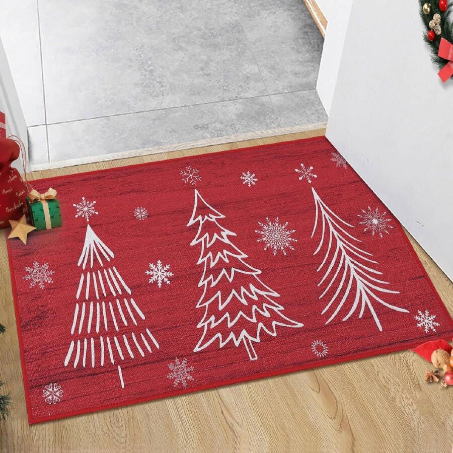 Kersttapijt deurmat kerstdecoratie voor entree antislip machinewasbaar rubberen achterkant voetmat weerbestendig kerstbomen en sneeuwvlokken print rood 40 x 80 cm