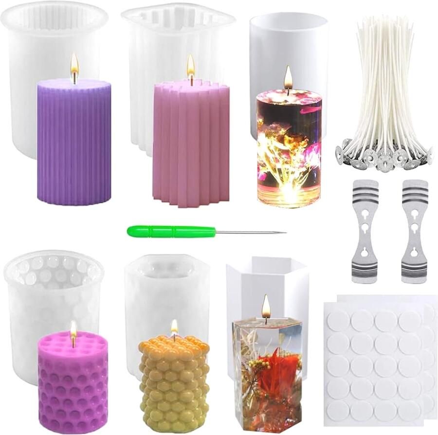 KerzenVorm DIY Set 6-delige Siliconen Gietvormen en Kaarsenlonten Cilindervormige Keramiekmal voor het Gieten van Geurkaarsen Decoratieve Ambachten Huisdecoraties