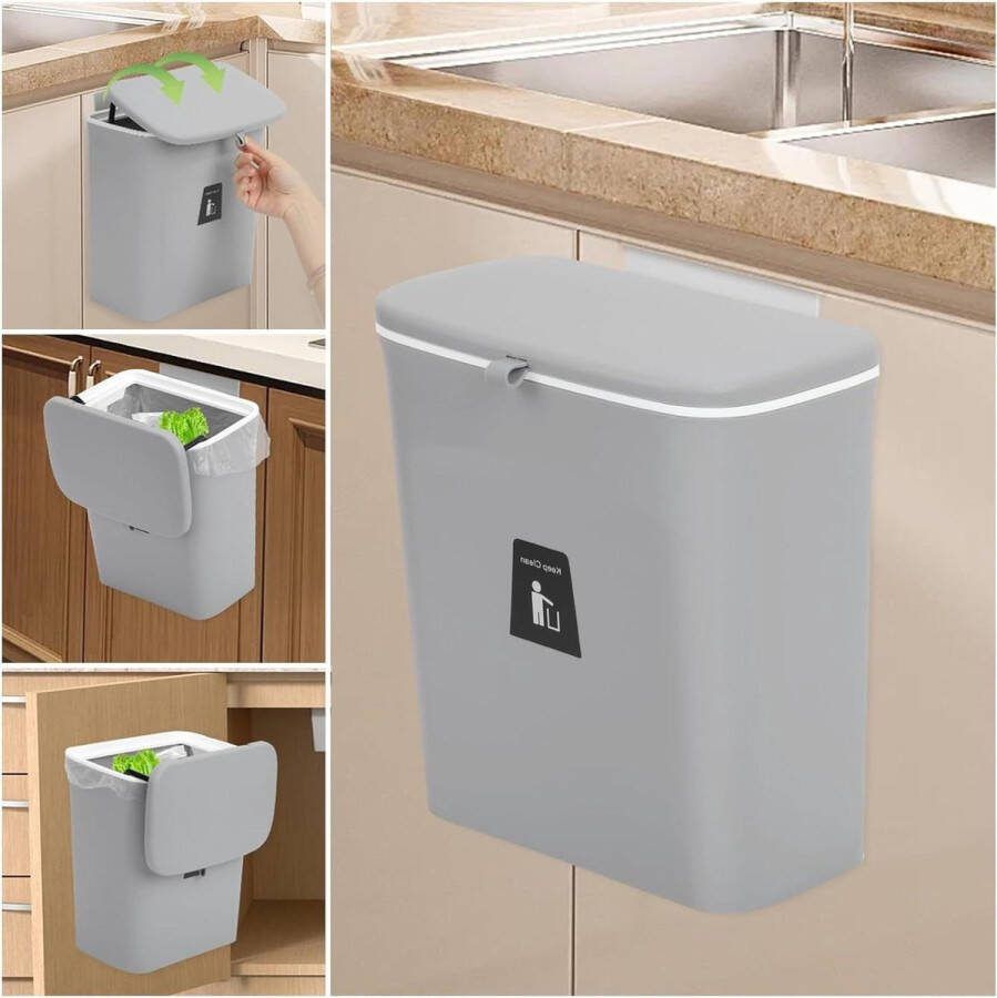 Keuken Compostbak 24 gallons 9L Onder Gootsteen Hangende Prullenbak Met Deksel Voor Badkamer en Slaapkamer Binnenshuis Grijs