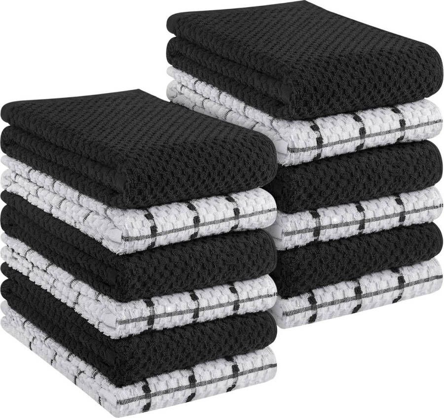 Keuken Handdoeken Set Superzacht en Absorberend 100% Ring Gesponnen Katoen 12 stuks 38 x 64 cm Zwart en Wit
