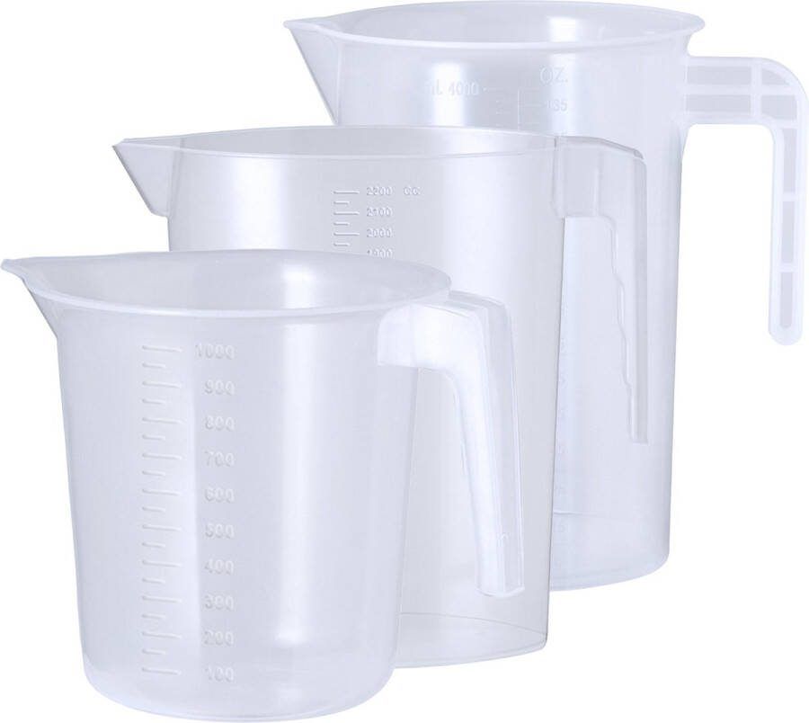 Keuken maatbekers set kunststof transparant 3 maten schenktuit 1000 2200 4000 liter