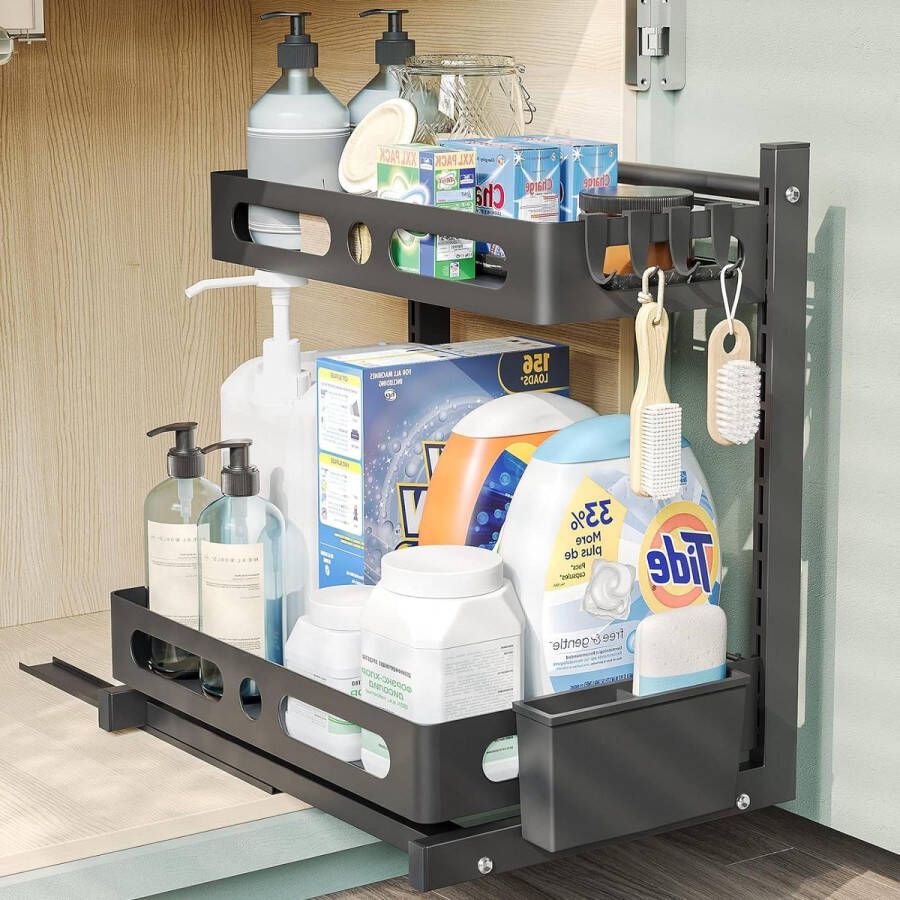 Keuken Onder Gootsteen Organizer 2-laags Keukenkast Opslagrek Zwart Hoogte Verstelbaar Sink organizer