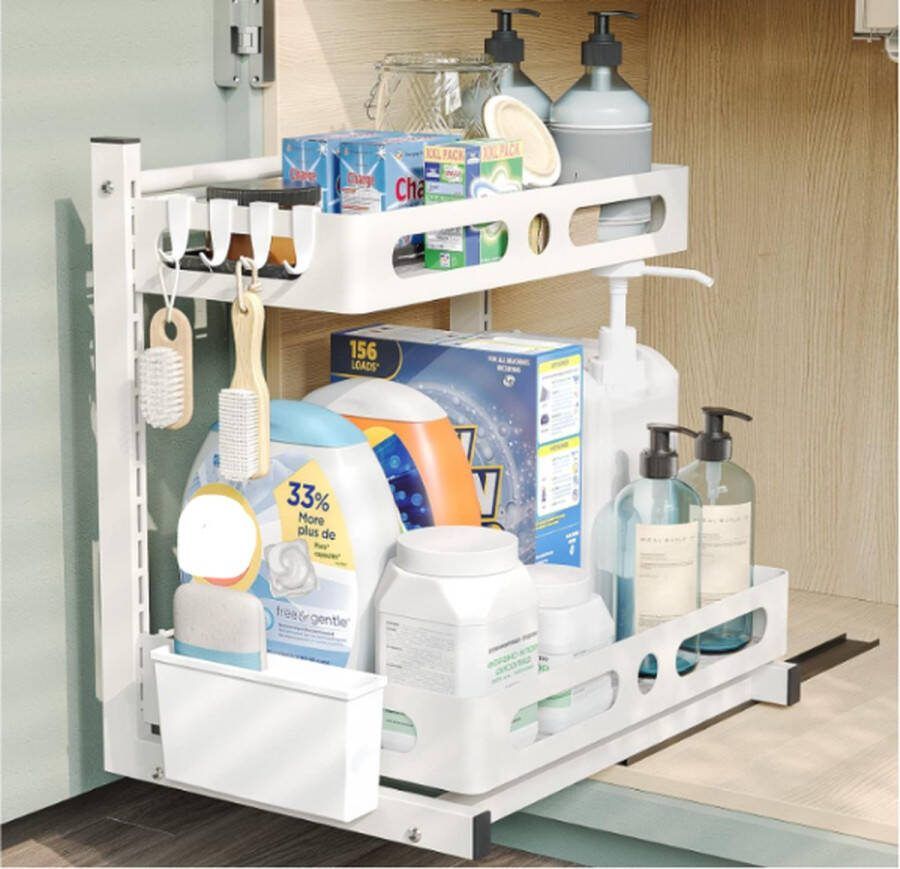 Keuken Onder Gootsteen Organizer 2-laags Keukenkast Organizer Keukenplank Onder Wastafel Rek Schuifplank Organisator voor Keuken- Badkamer Opslag Hoogte Verstelbaar Wit