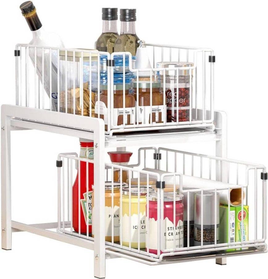 Keuken Organisers met 2 Lades Opbergers onder gootsteen Roestvrij Staal Badkamer organiser 2 niveaus Kruidenrek Grote Capaciteit Wit