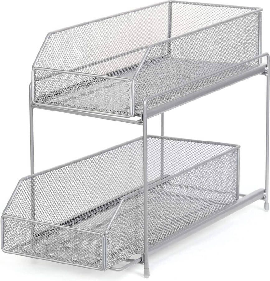 Keuken Organizer met 2 laden 2 etages uittrekbare mand keukenhulp rek laderek kruidenrek voor werkblad eetkamer badkamer keuken zilver