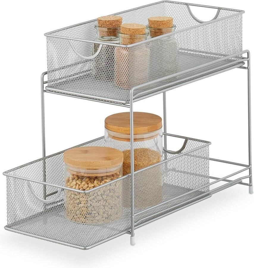 Keuken organizer met 2 uitschuifbare manden van metaal HBD: 32x19x355 cm zilver Sink organizer