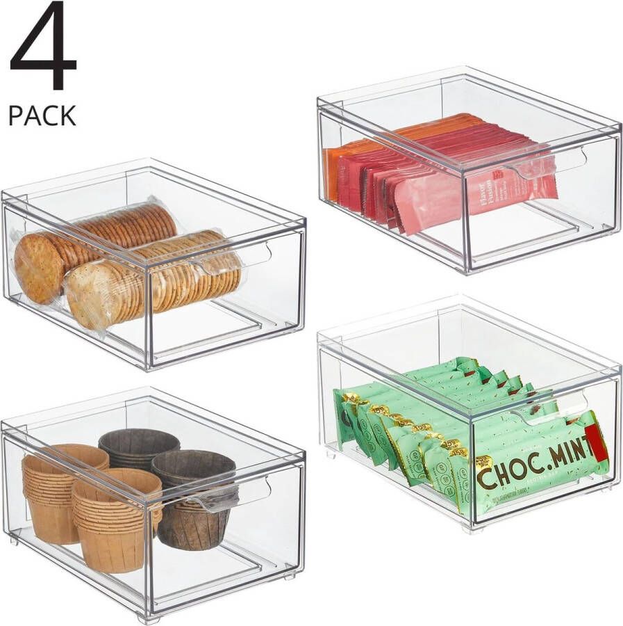 Keuken organizer met lade – voorraaddoos voor koelkast en voorraadkast – vershouddoos voor thee koffie en snacks gemaakt van kunststof – set van 4 – transparant