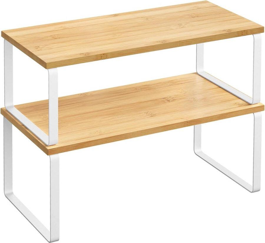Keuken Organizer Set van 2 Uitbreidbare Keukenplank Kast Organiser Stapelbaar Metaal en Hout Troebel Wit-Natuurbeige