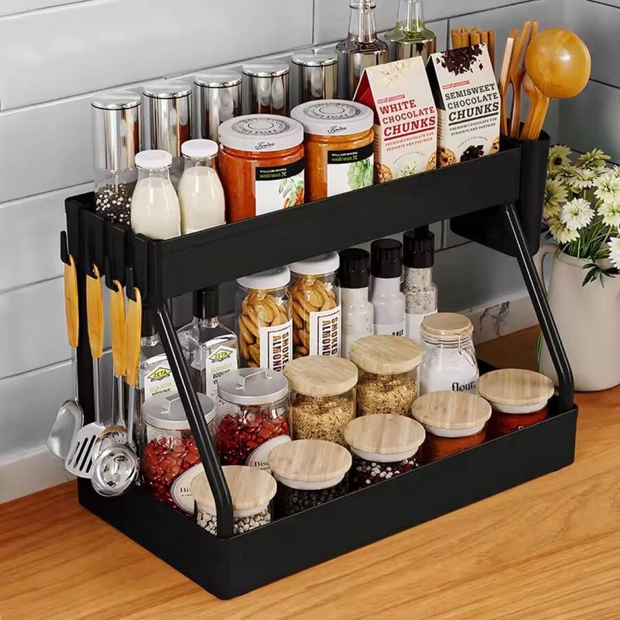 Keuken organizer zwart voor in de keukenkast onder de gootsteen of op het aanrecht voor kruiden keukengerei potjes en handdoeken strak design