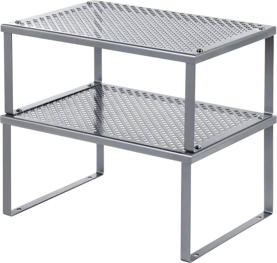 Keuken Planken Organisator Stapelbaar Uitbreidbaar Set van 2 Metalen Zilver KCS01SV bordenrek