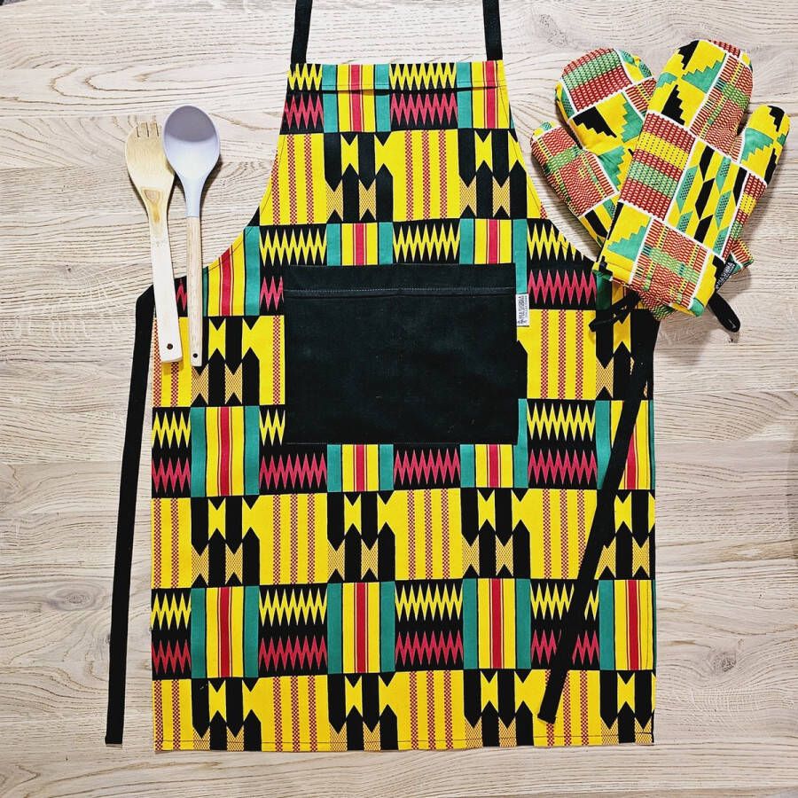 Keuken Schort en Set van 2 Ovenwanten Afrikaanse Boheemse Stijl Geometrische 'Mudcloth' Bogolan Geïnspireerd Druk Schort