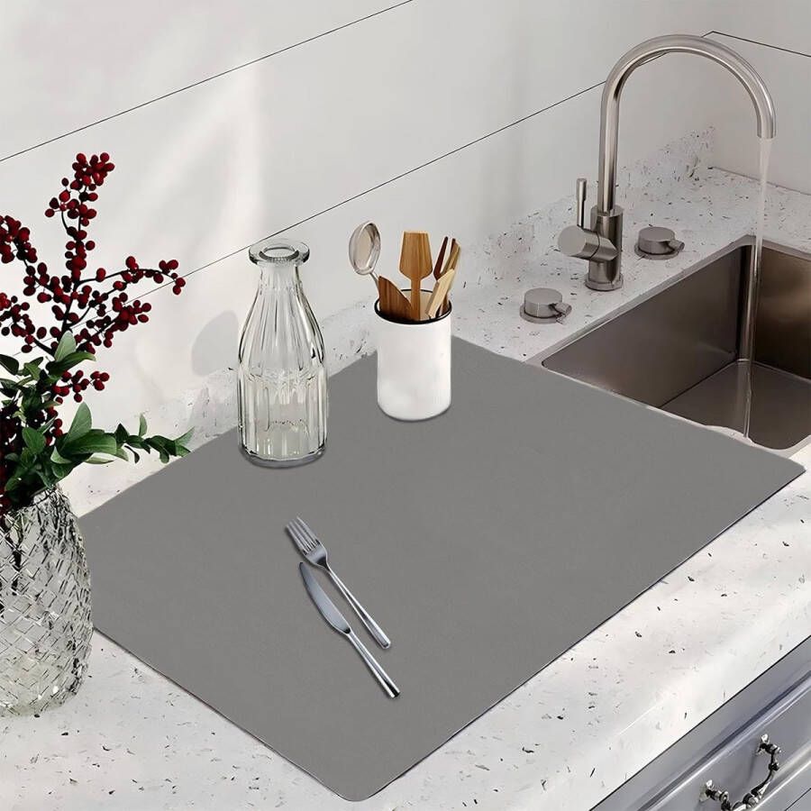 Keuken Schotel Droogmat 20 × 16 Afvoerplank Mat Antislip Super Absorberende Afvoermat Rolbare Sneldrogende Koffiemat Keuken Aanrecht Droogmat voor Koffiebar Wastafel Werkblad Lichtgrijs