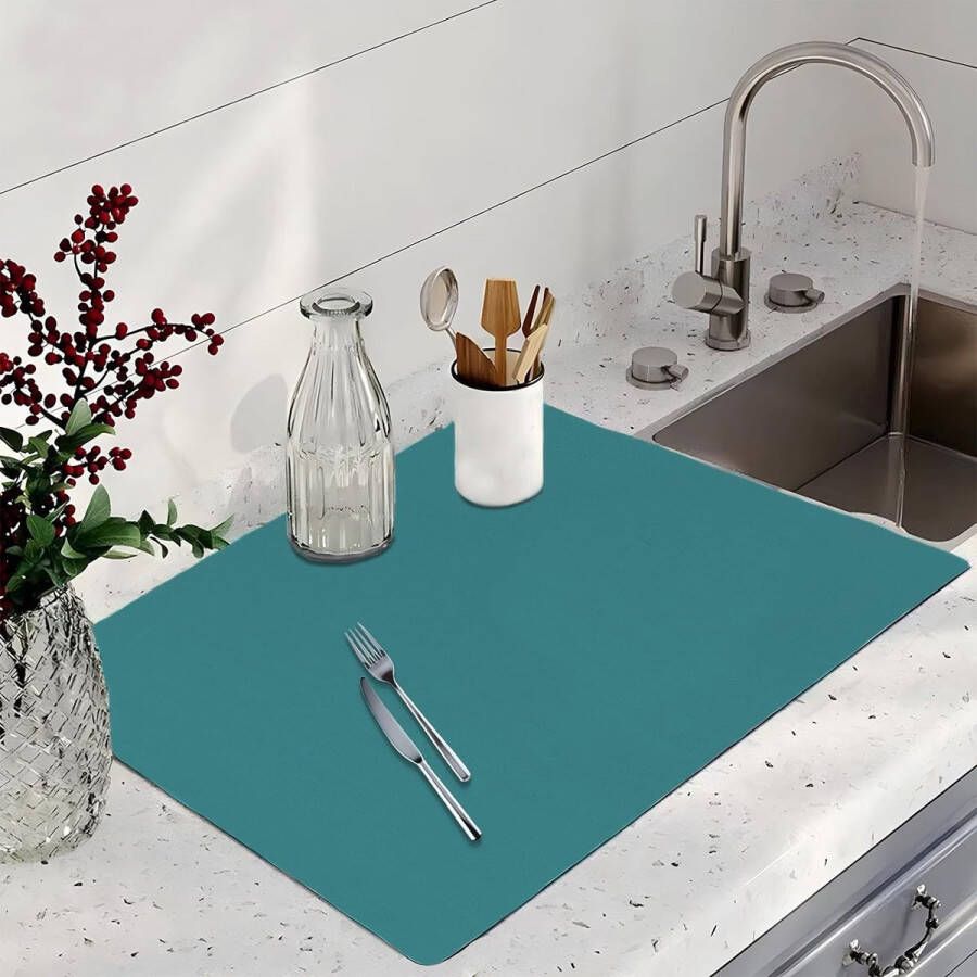 Keuken Schotel Droogmat 24 × 16 Afvoerplank Mat Antislip Super Absorberende Afvoermat Rolbare Sneldrogende Koffiemat Keuken Aanrecht Droogmat voor Koffiebar Wastafel Werkblad Blauw