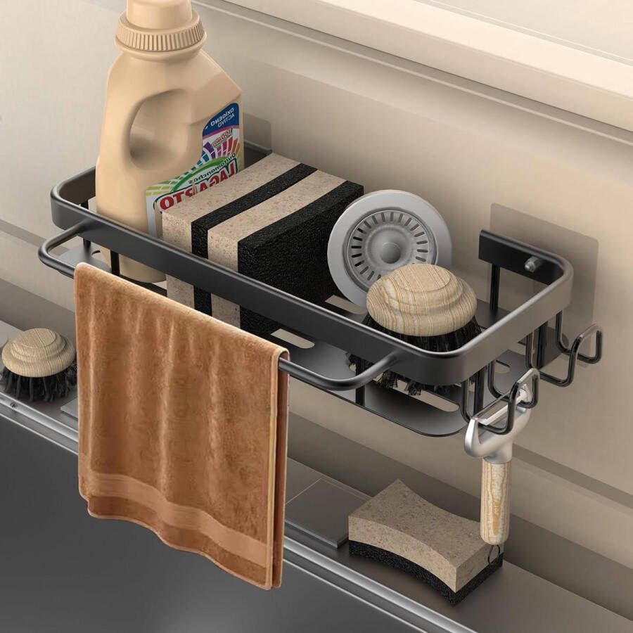 Keuken spoelbak-organizer Koolkasa sponshouder met spoeldoekhouder metalen hangende keukenorganizer badkamer zonder boren zwart