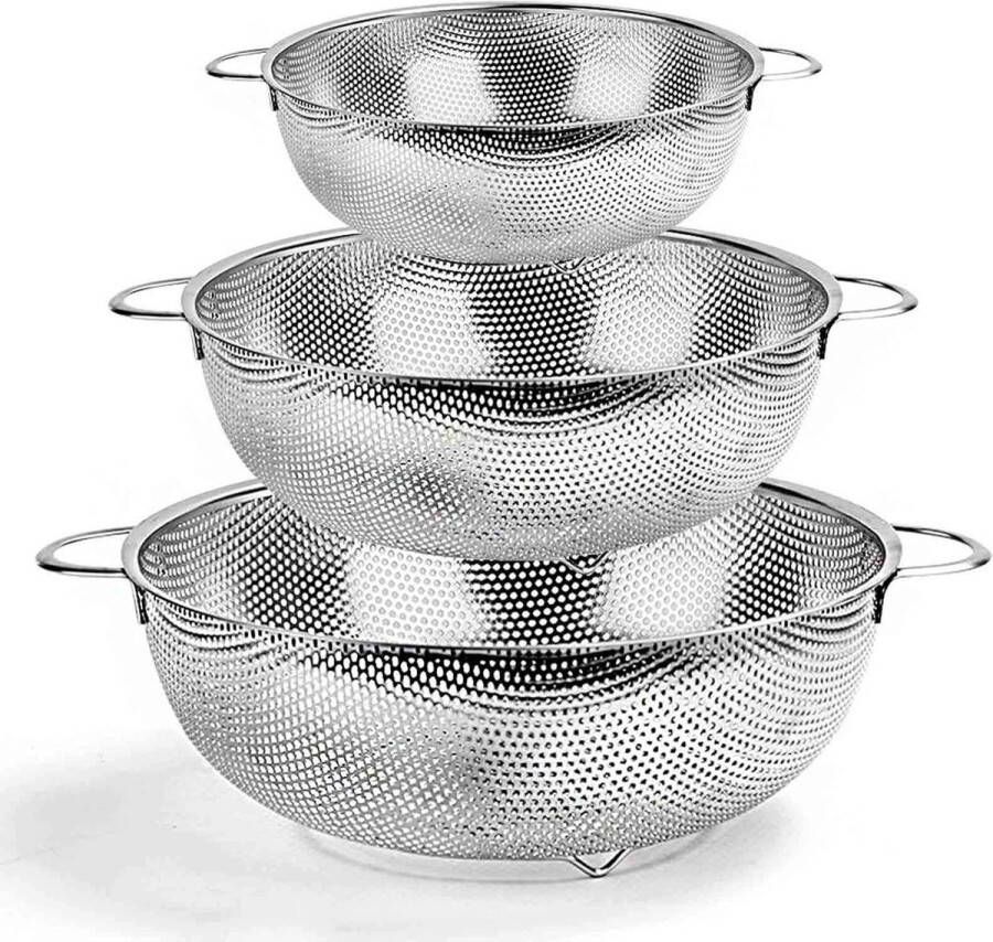 Keuken vergiet zeef zilver RVS 3 stuks Keuken koken benodigdheden Ronde vergiet zeef met lang handvat zilver Keukenvergieten Kookgerei Zeven Vergieten van roestvrijstaal Keuken vergiet zeef op voet RVS 16.5 22.5 28.5CM