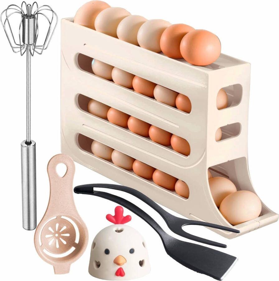 Keukenaccessoires 5-delige set met eieropslag eigeelscheider halfautomatische garde spiegelei-spatel eierreinigingsborstel eierhouder voor koelkast keukengadgets praktisch