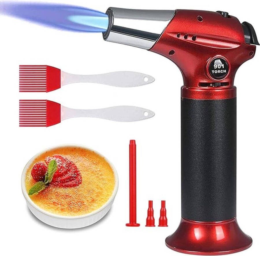Keukenbrander flambeerbrander navulbare butaangasbrander met 3 sproeiers 2 siliconen borstels soldeerbrander met veiligheidsslot voor crème brulee koken BBQ camping (butaan niet)