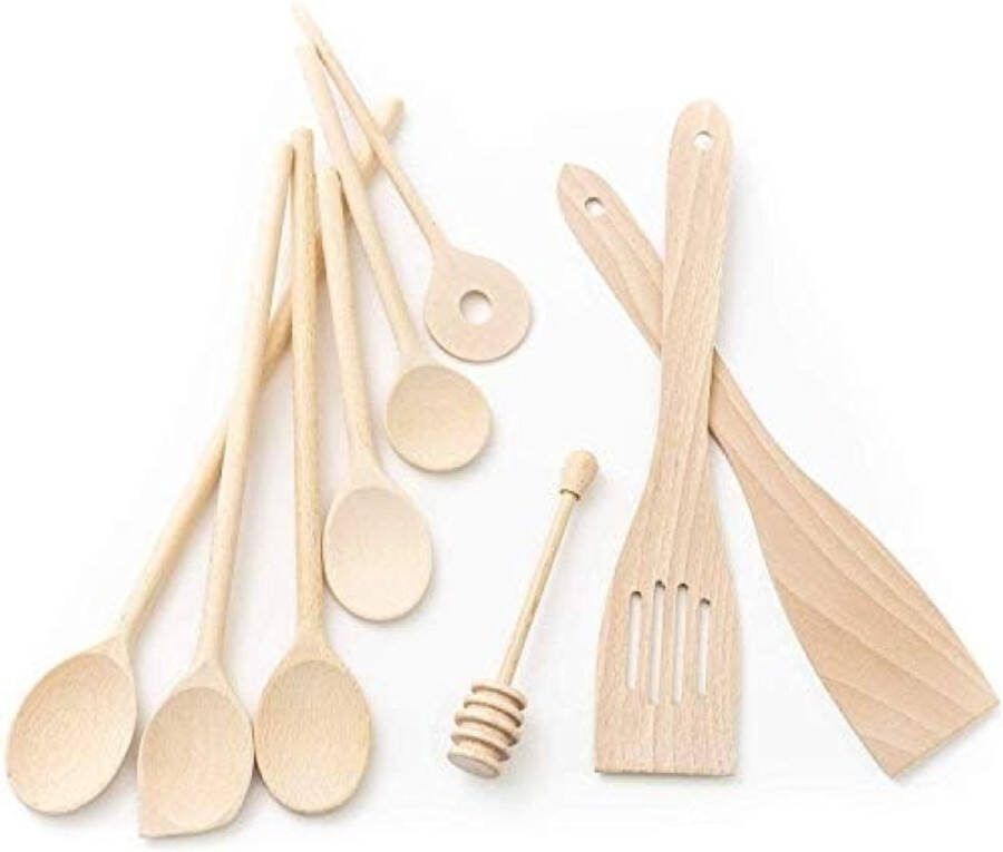 Keukengereedschapset Hout Beuk Groot Klein (6x Kooklepels 18 cm 35 cm Lengte 2x Spatel Honinglepel)