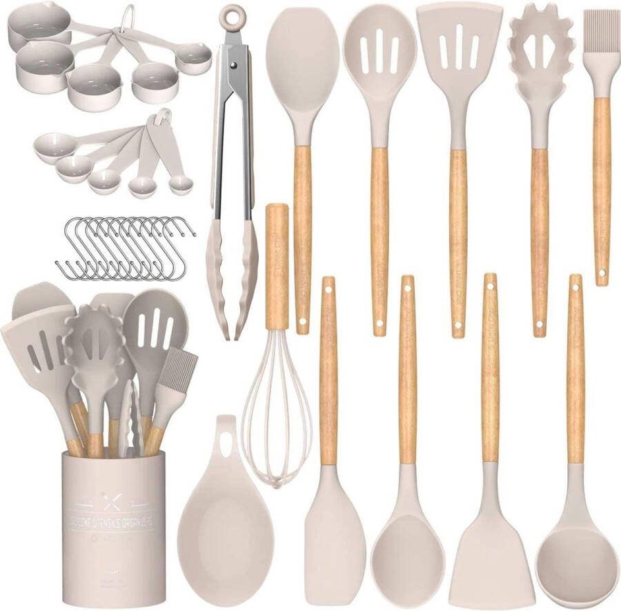 Keukengerei Beige 33-Delig Keukengerei Houder Anti-Aanbak Houten Handvat Keukengerei Set Keukengerei Set met Houder Keuken Gerei