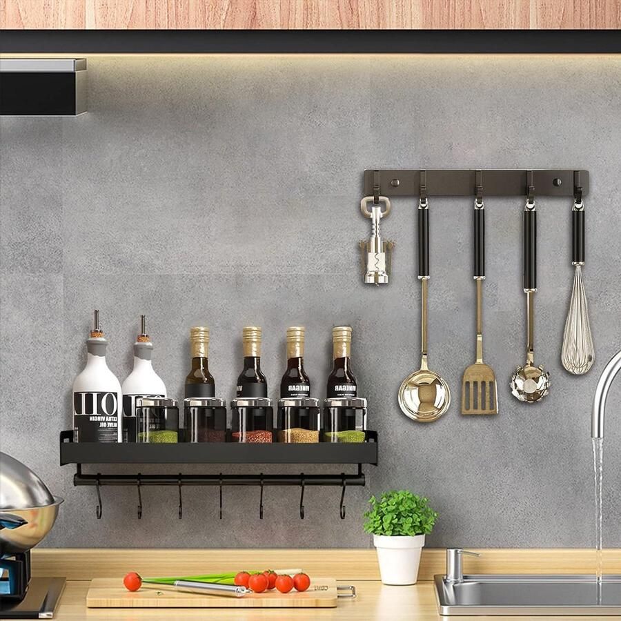 Keukengerei Houder Haaklijst 36 cm Hangend Kruidenrek 40 cm Set van 2 Keukenrek Muur Keukenorganizer met 6 Haken