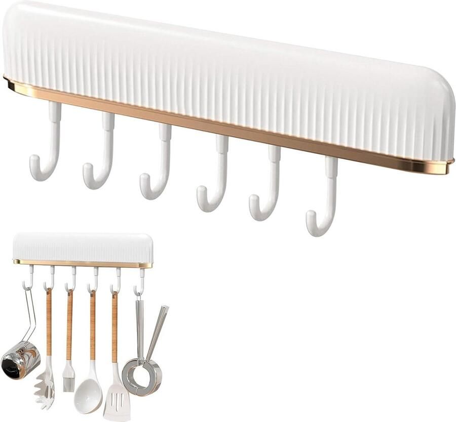 Keukengerei Houder Wandrek met 7 Meubelhaken Multifunctionele Houder Zonder Boren Voor Hal en Badkamer Wit 302 x 62 x 3 cm ophangrek keukengerei
