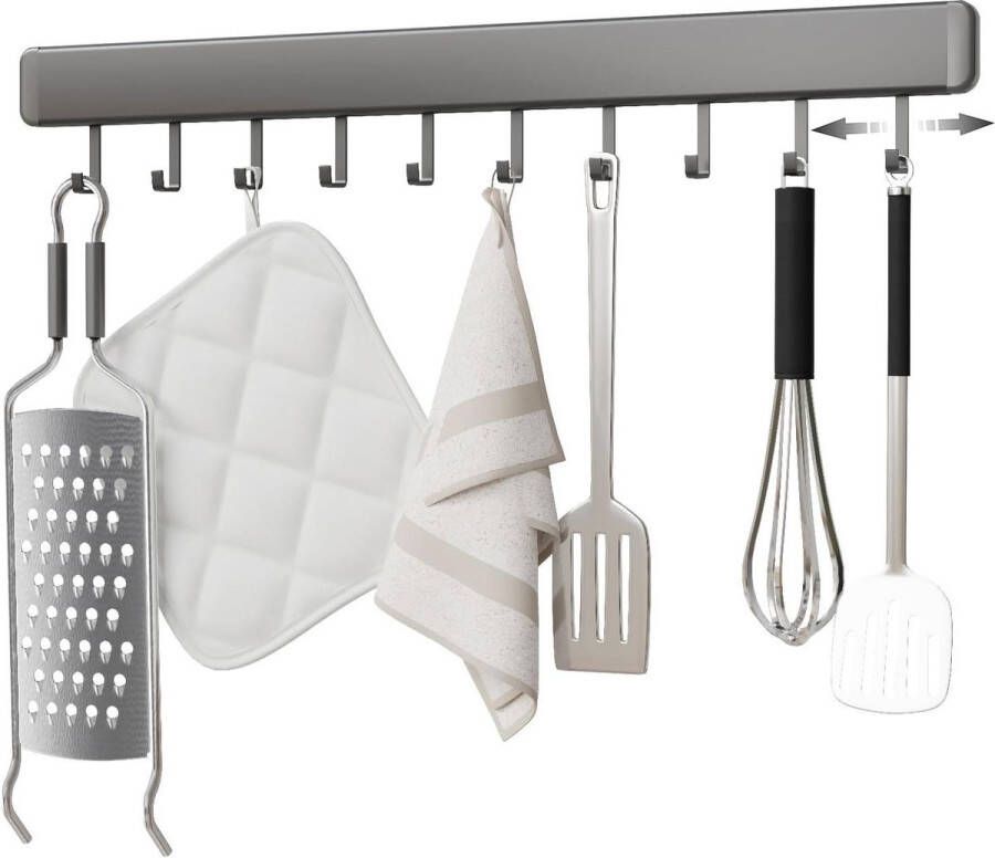 Keukengerei Houder Zelfklevend 50CM Wandgemonteerd Ophangrailrek Aluminium Ophangrek met 10 Beweegbare Haken Grijs ophangrek keukengerei