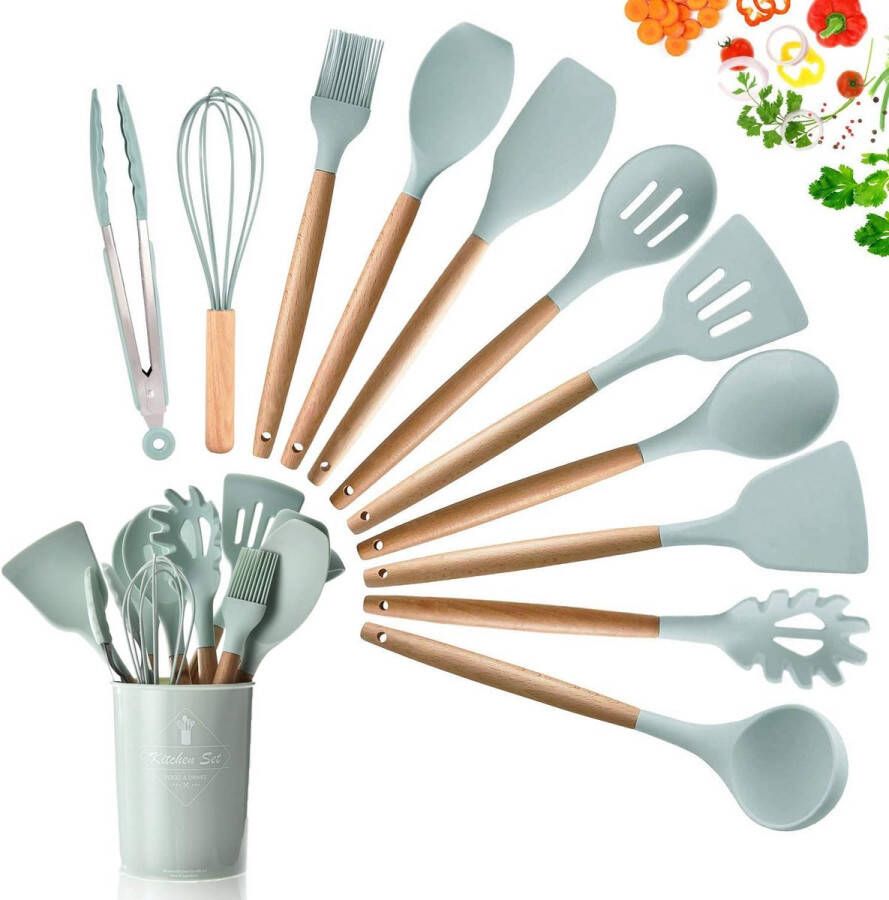 Keukengerei Set 11 stuks premium houten handvat siliconen kookgerei BPA-vrij groen inclusief voedseltang schrapers serveerlepel sleufdraaier spaghetti server eiergarde sleuflepel