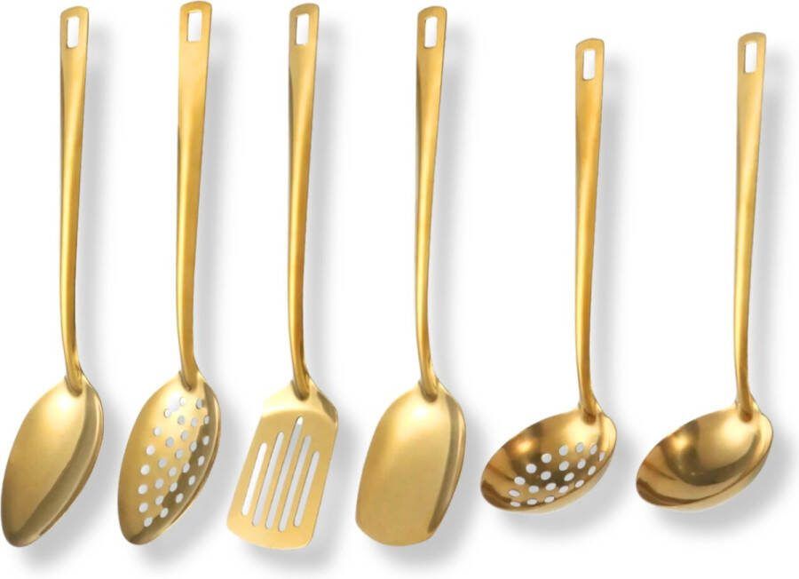 Keukengerei set 6-delig Goudkleurig Roestvrij Staal Kookgerei Opscheplepel Perforatielepel Soeplepel Spatel Schuimspaan en Pollepel Luxe Keukenaccessoires Keukengerei Keukenbestek